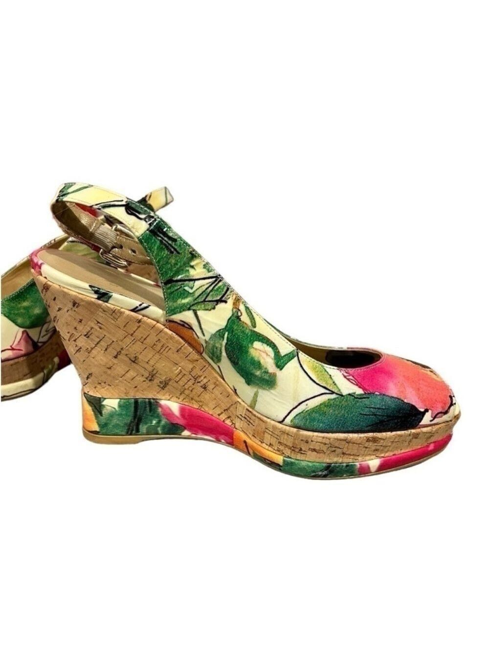 Stuart Weitzman Colorful Floral Peep Toe Wedges Cork Platform Slingback VGC 8.5 - Picture 4 of 12